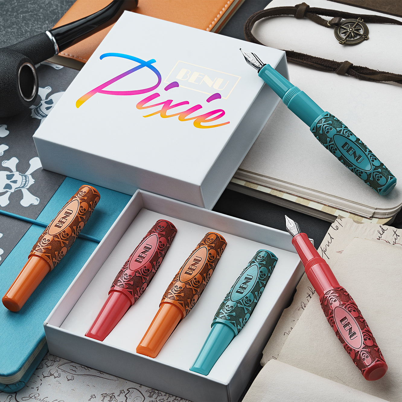 Benu Pixie Pocket Fountain Pen Jolly Roger Vintage Set of 3