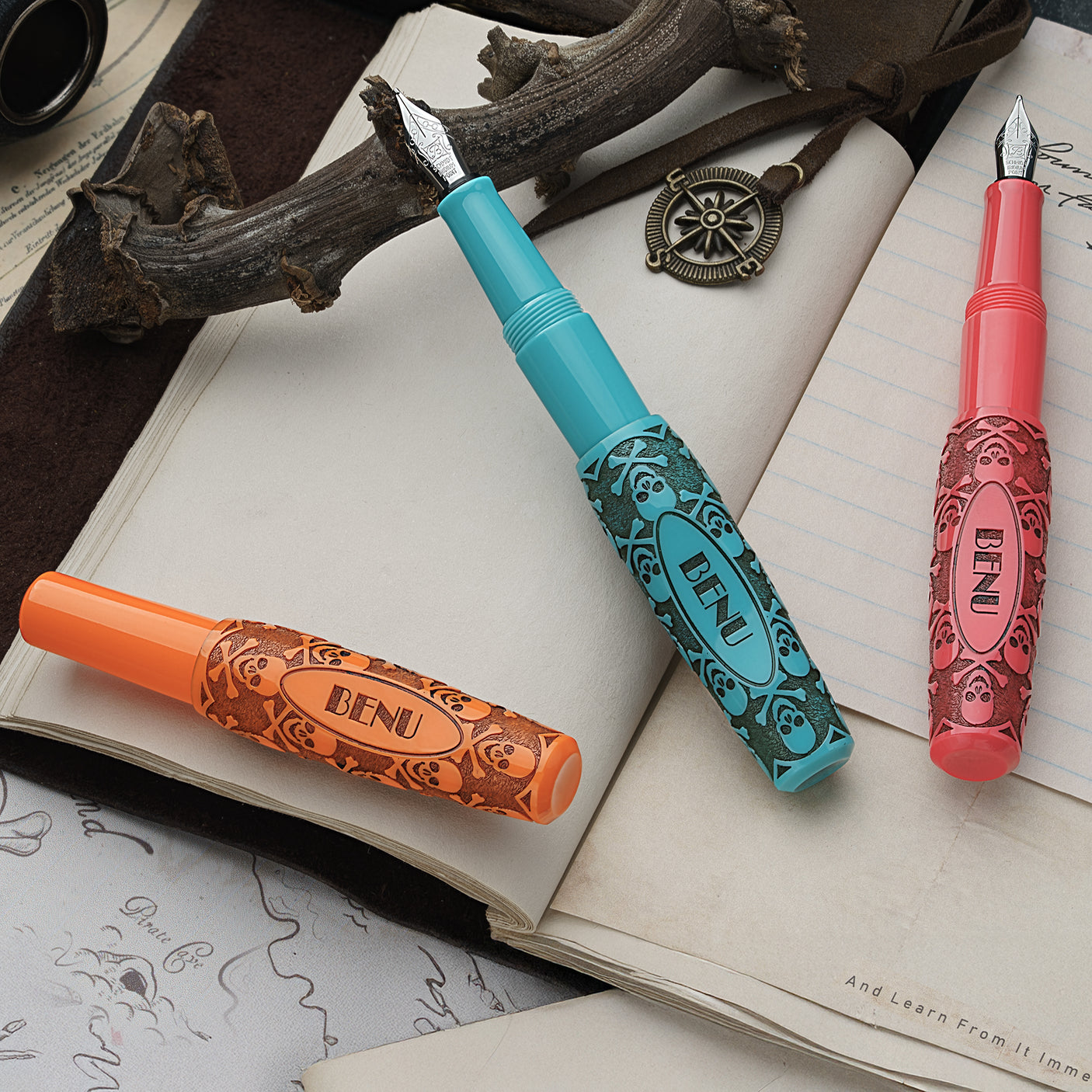 Benu Pixie Pocket Fountain Pen Jolly Roger Vintage Set of 3