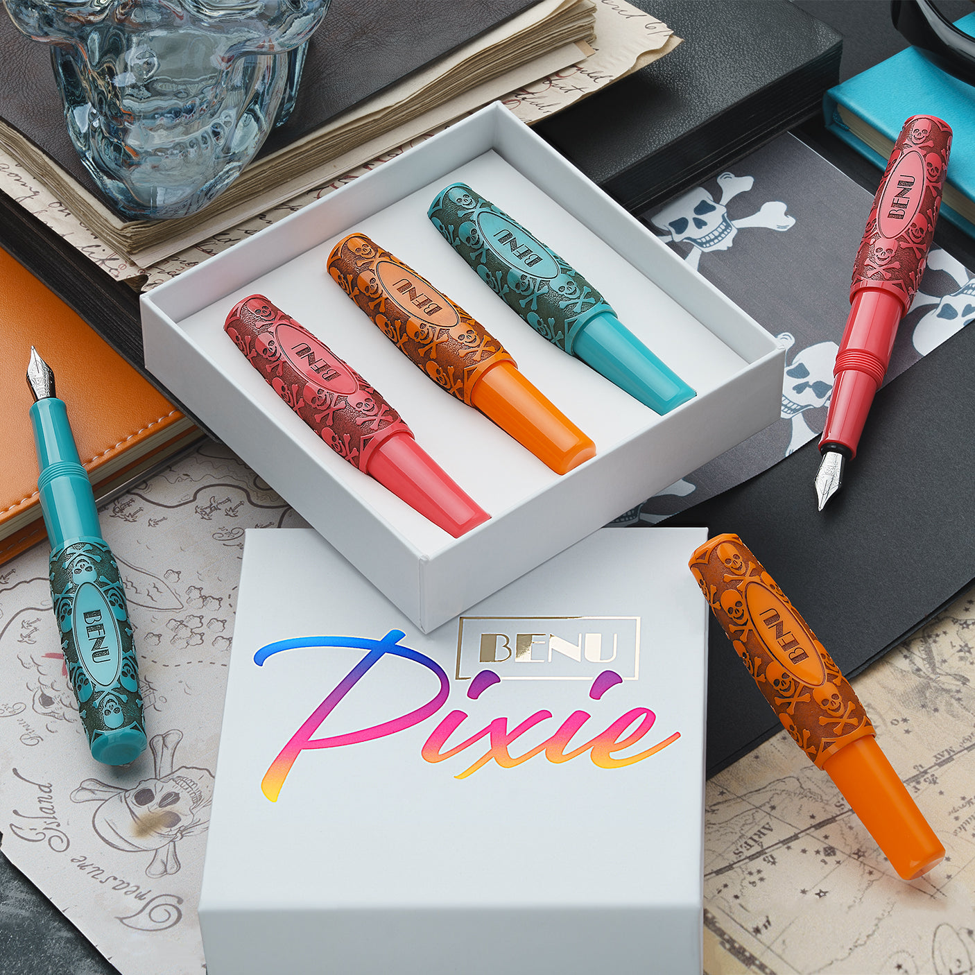 Benu Pixie Pocket Fountain Pen Jolly Roger Vintage Set of 3