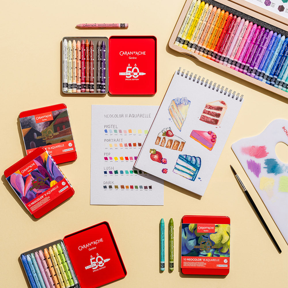 Caran d'Ache Neocolor II Water Soluble Wax Pastels 50 Years Special Edition Wooden Box of 50 Colours