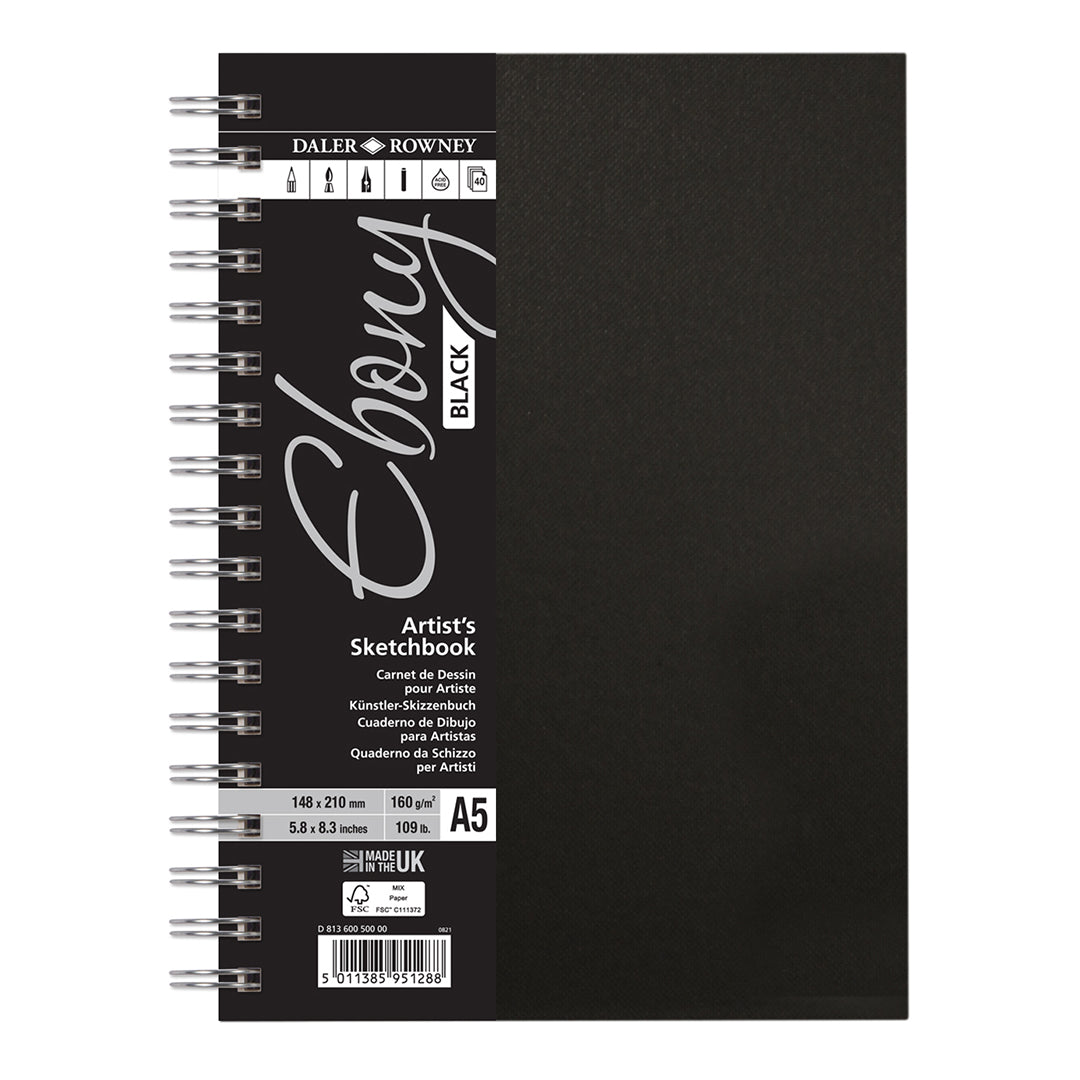 Daler-Rowney Ebony Wirebound Sketchbook A5 Portrait Black Paper 160G 40 Sheets