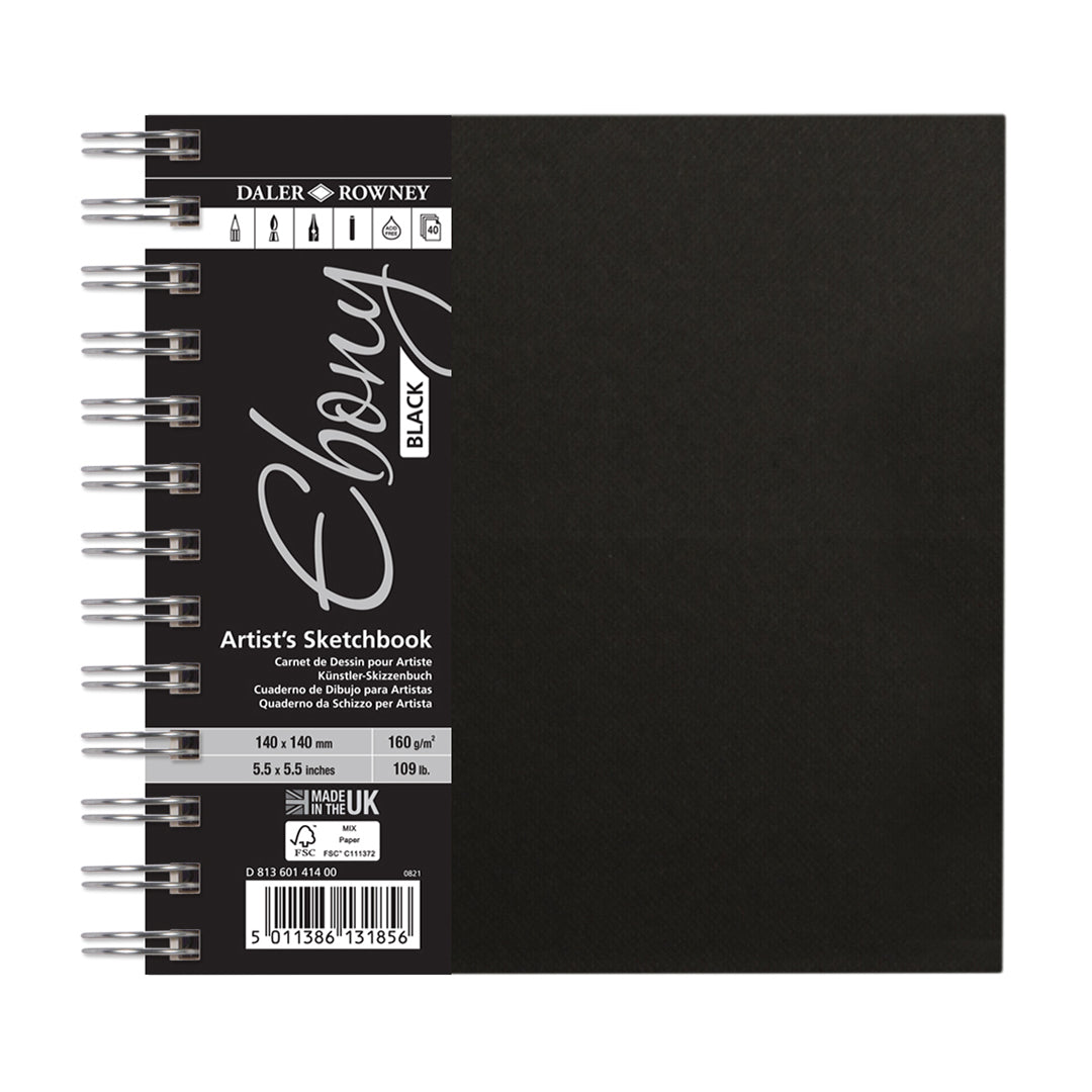 Daler-Rowney Ebony Wirebound Sketchbook 140x140mm Black Paper 160G 40 Sheets
