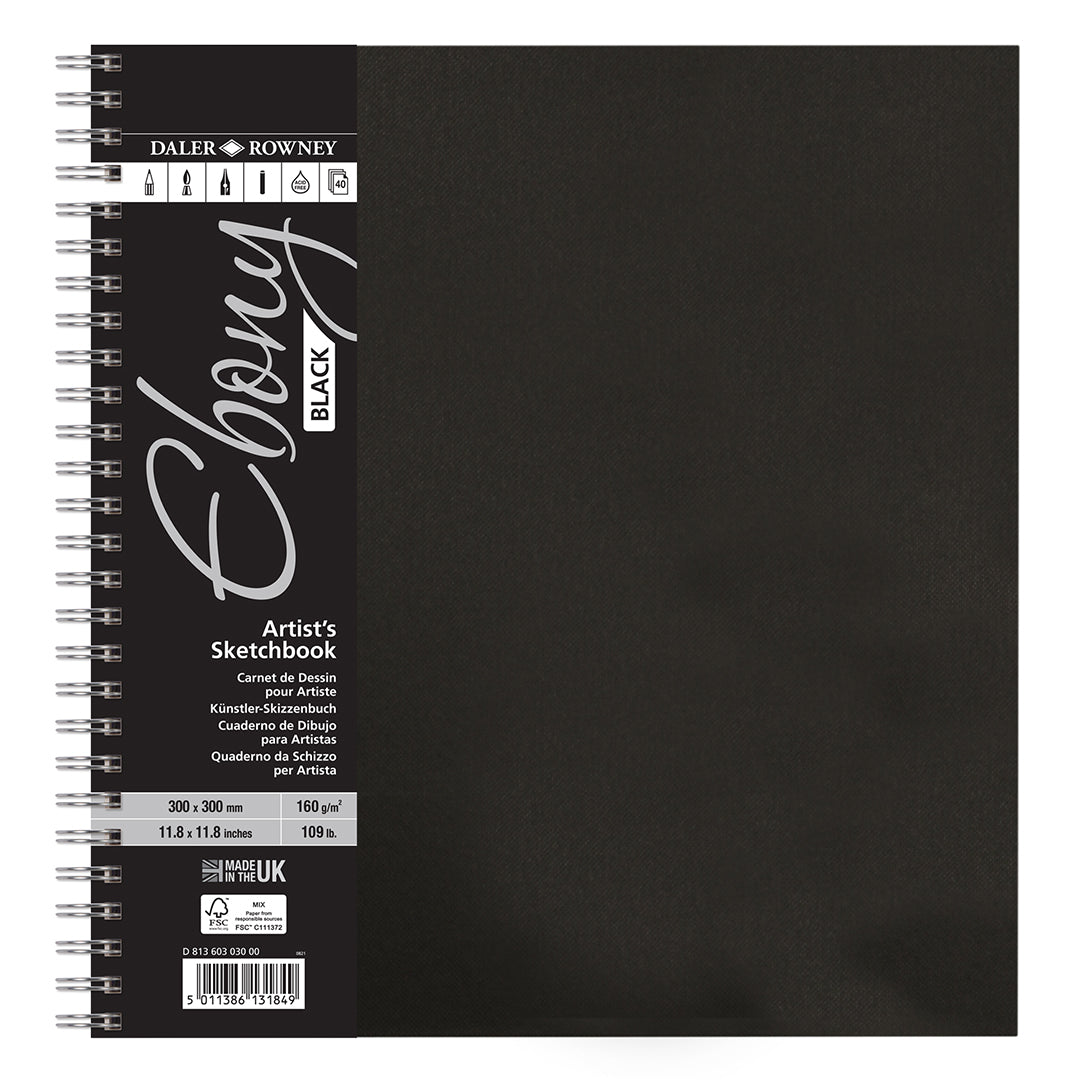 Daler-Rowney Ebony Wirebound Sketchbook 300x300mm Black Paper 160G 40 Sheets