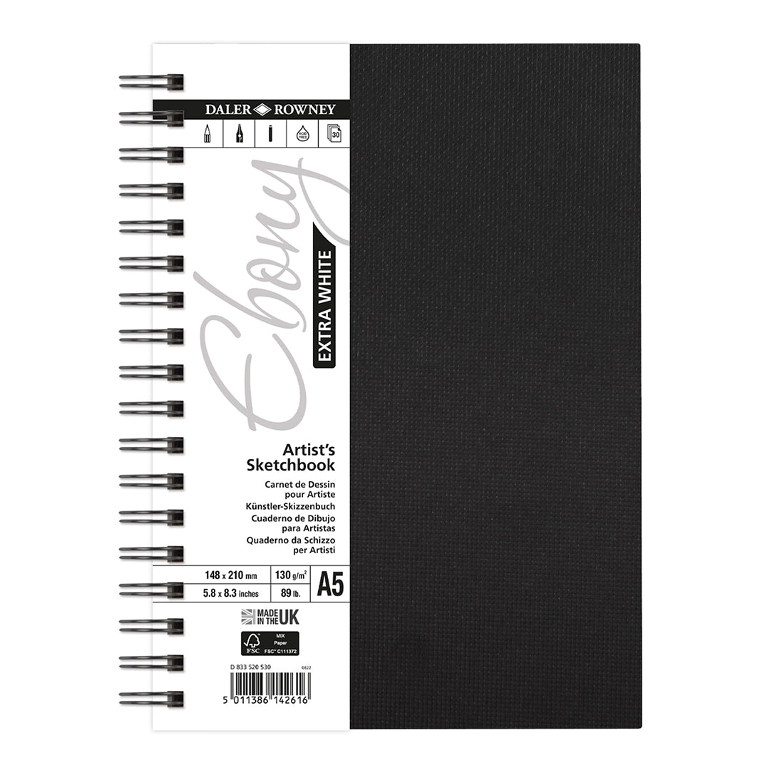 Daler-Rowney Ebony Extra White Wirebound Sketchbook 130G A5 Portrait 30 Sheets