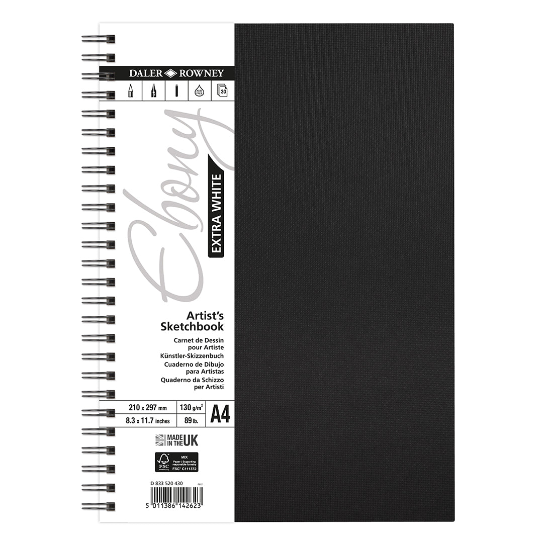 Daler-Rowney Ebony Extra White Wirebound Sketchbook 130G A4 Portrait 30 Sheets