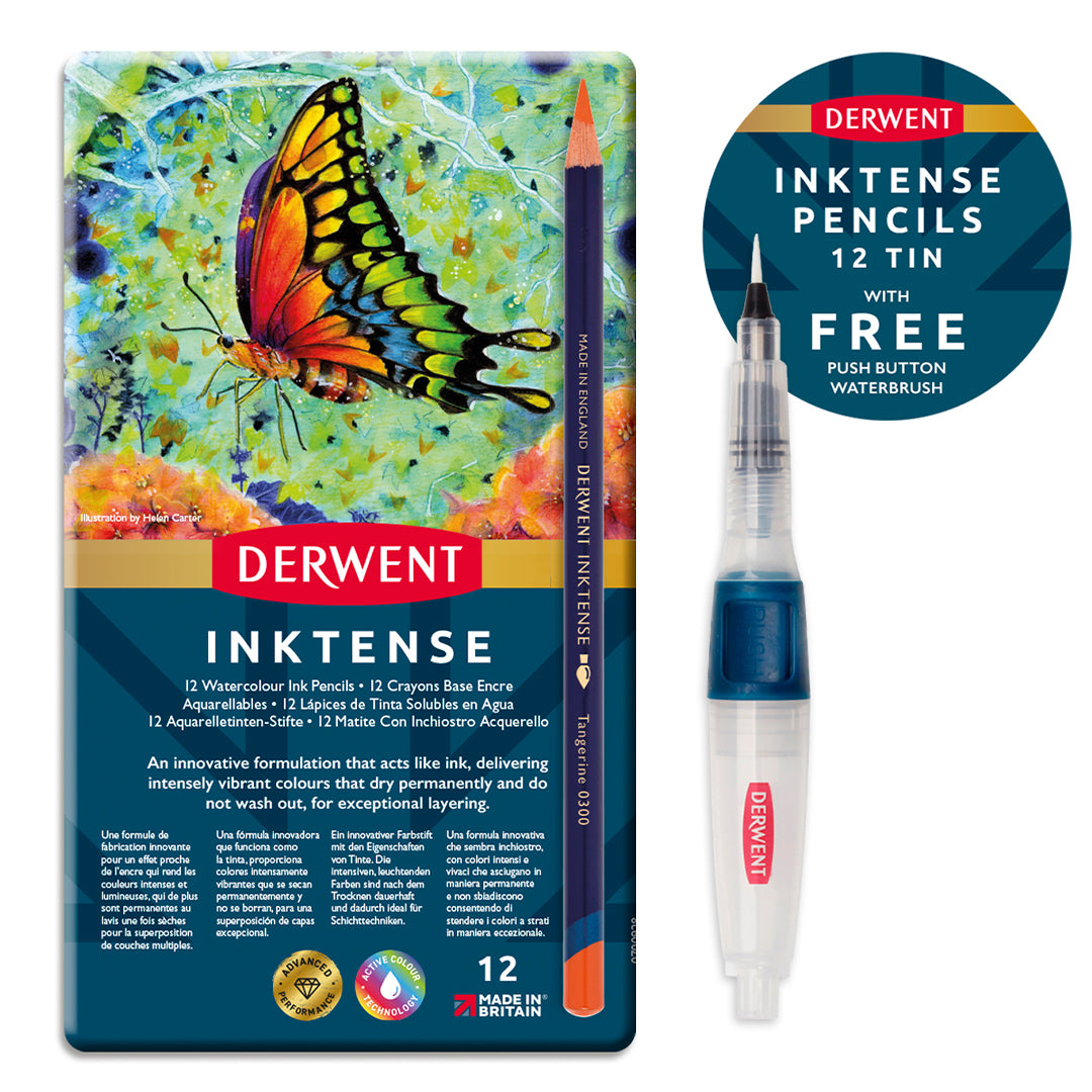 Derwent Inktense Coloured Pencils Tin of 12 & Waterbrush Bundle