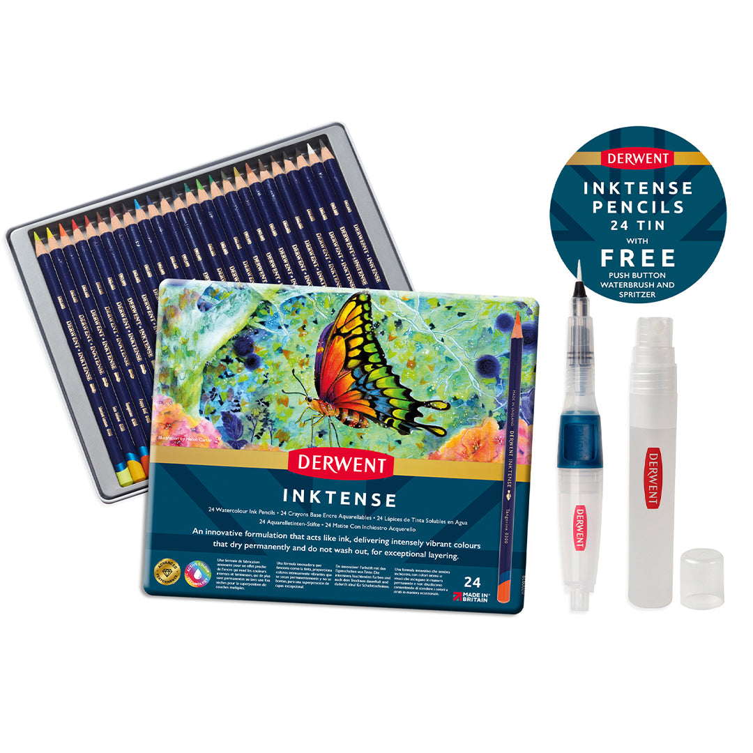 Derwent Inktense Coloured Pencil Tin of 24 + Spritzer & Waterbrush Bundle