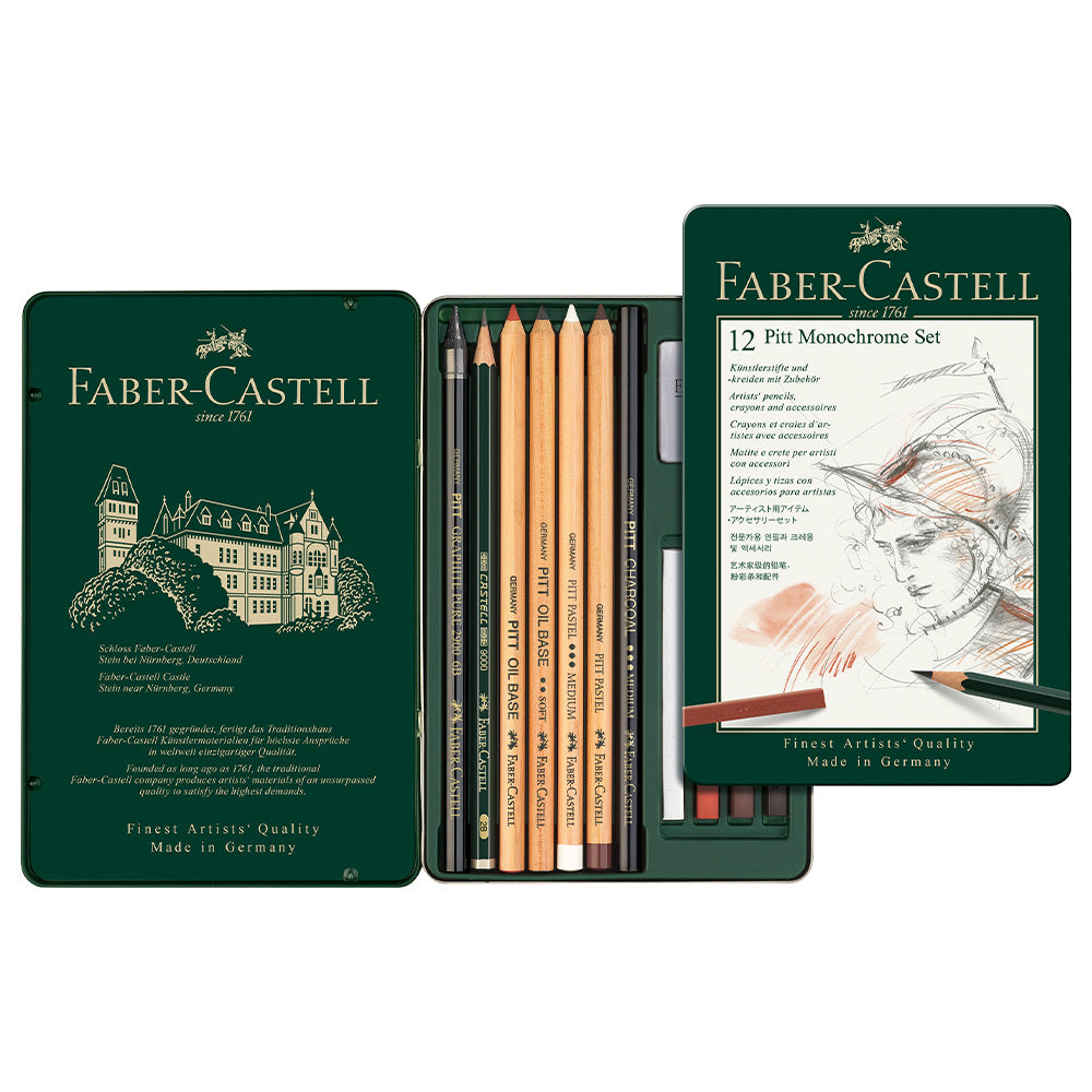 Faber-Castell Pitt Monochrome Set Tin of 12 by Faber-Castell at Cult Pens