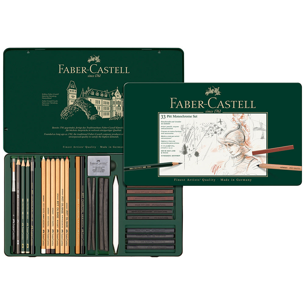 Faber-Castell Pitt Monochrome Set Metal Tin of 33 by Faber-Castell at Cult Pens