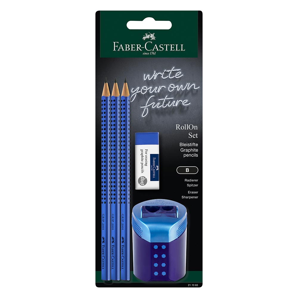Faber-Castell Grip 2001 Graphite Pencil Set & RollOn Sharpener Blue