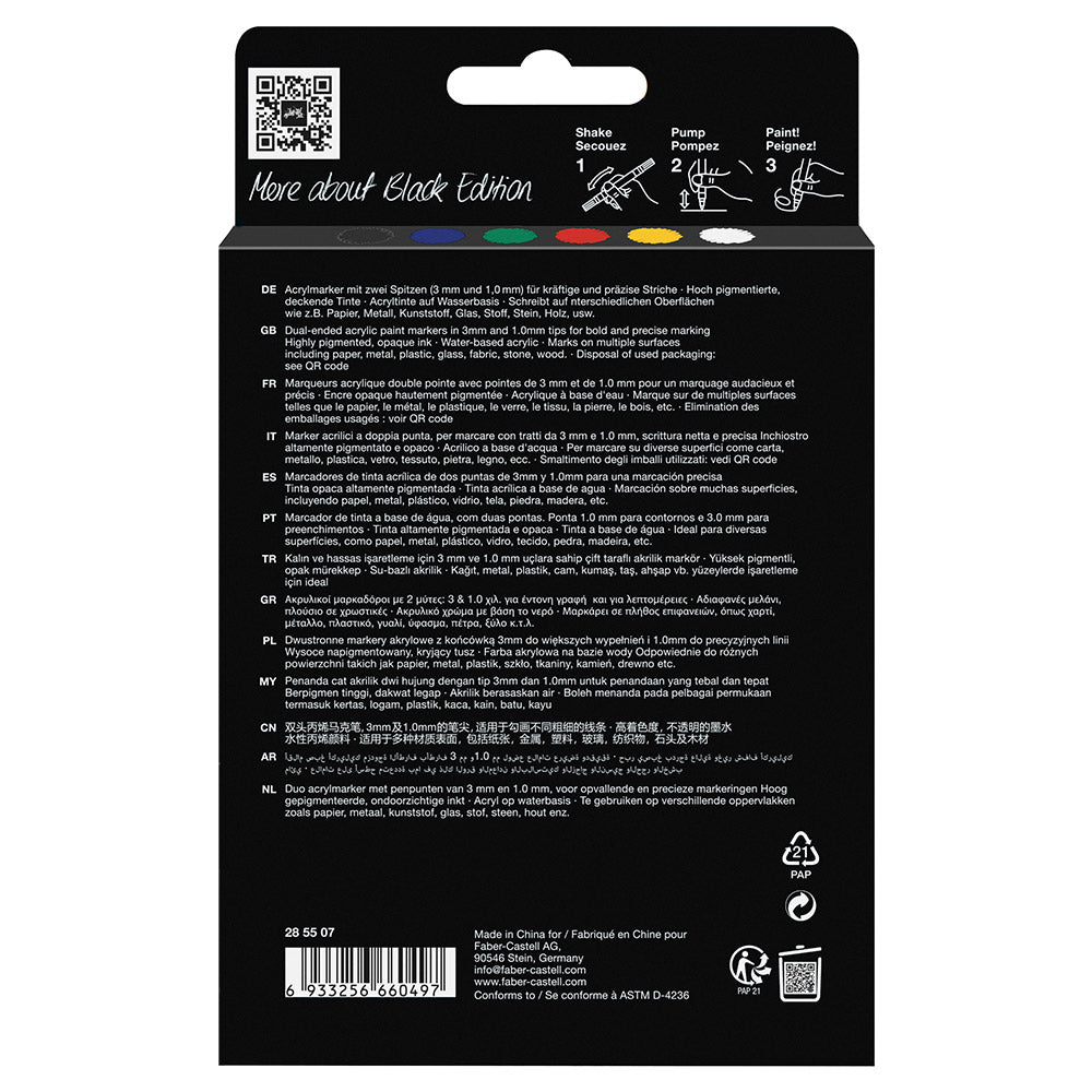 Faber-Castell Black Edition Shake & Paint Acrylic Markers Classic Colours Set of 6
