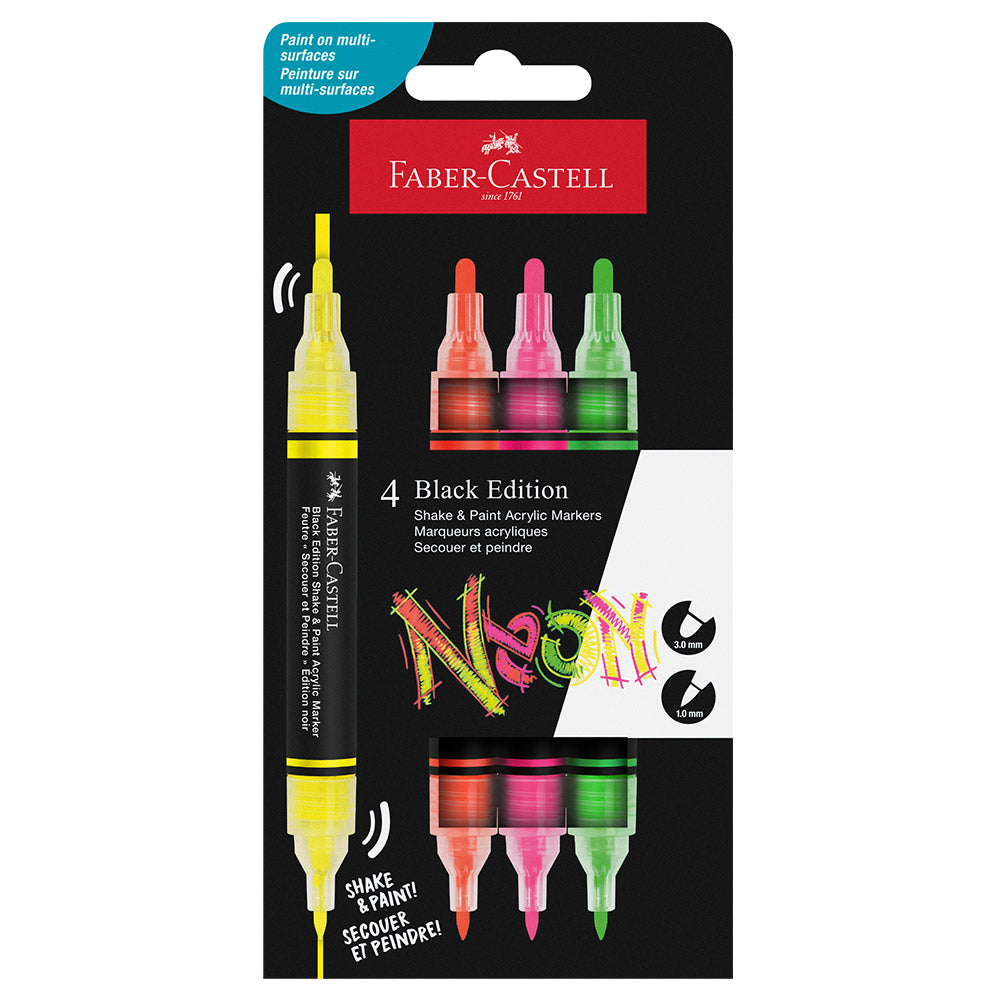 Faber-Castell Black Edition Shake & Paint Acrylic Markers Neon Colours Set of 4