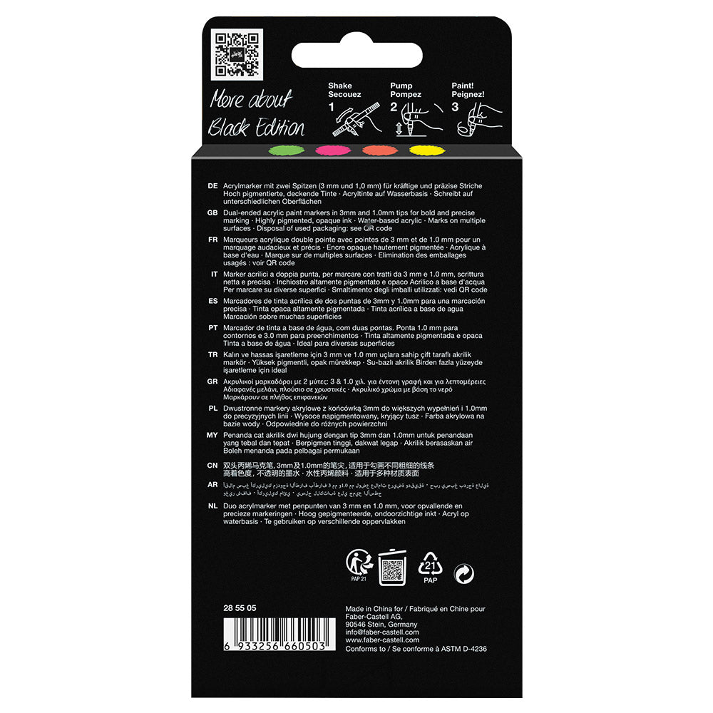 Faber-Castell Black Edition Shake & Paint Acrylic Markers Neon Colours Set of 4