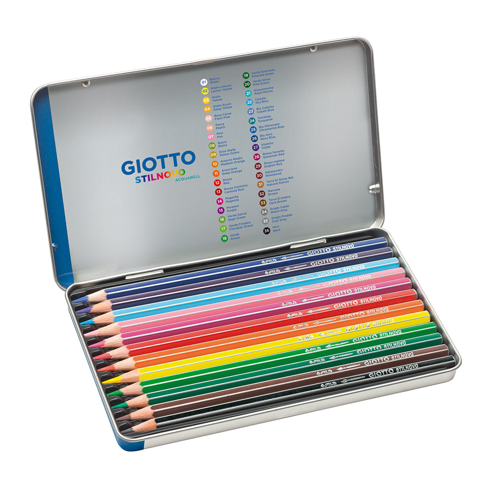Giotto Stilnovo Aquarell Watercolour Coloured Pencils in Metal Gift Tin Set of 12