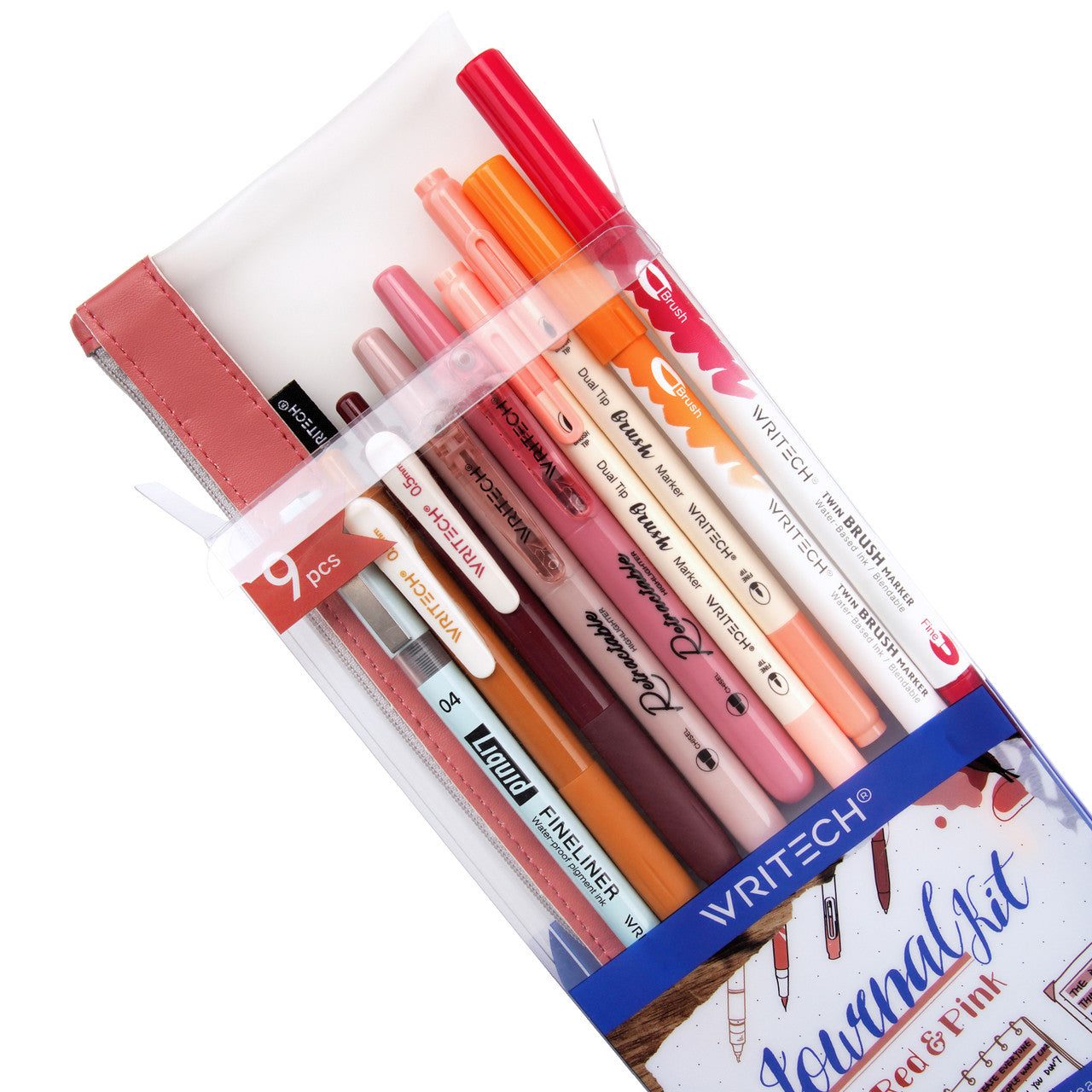 WRITECH 9 Piece Journal Kit with Pencil Case Red and Pink
