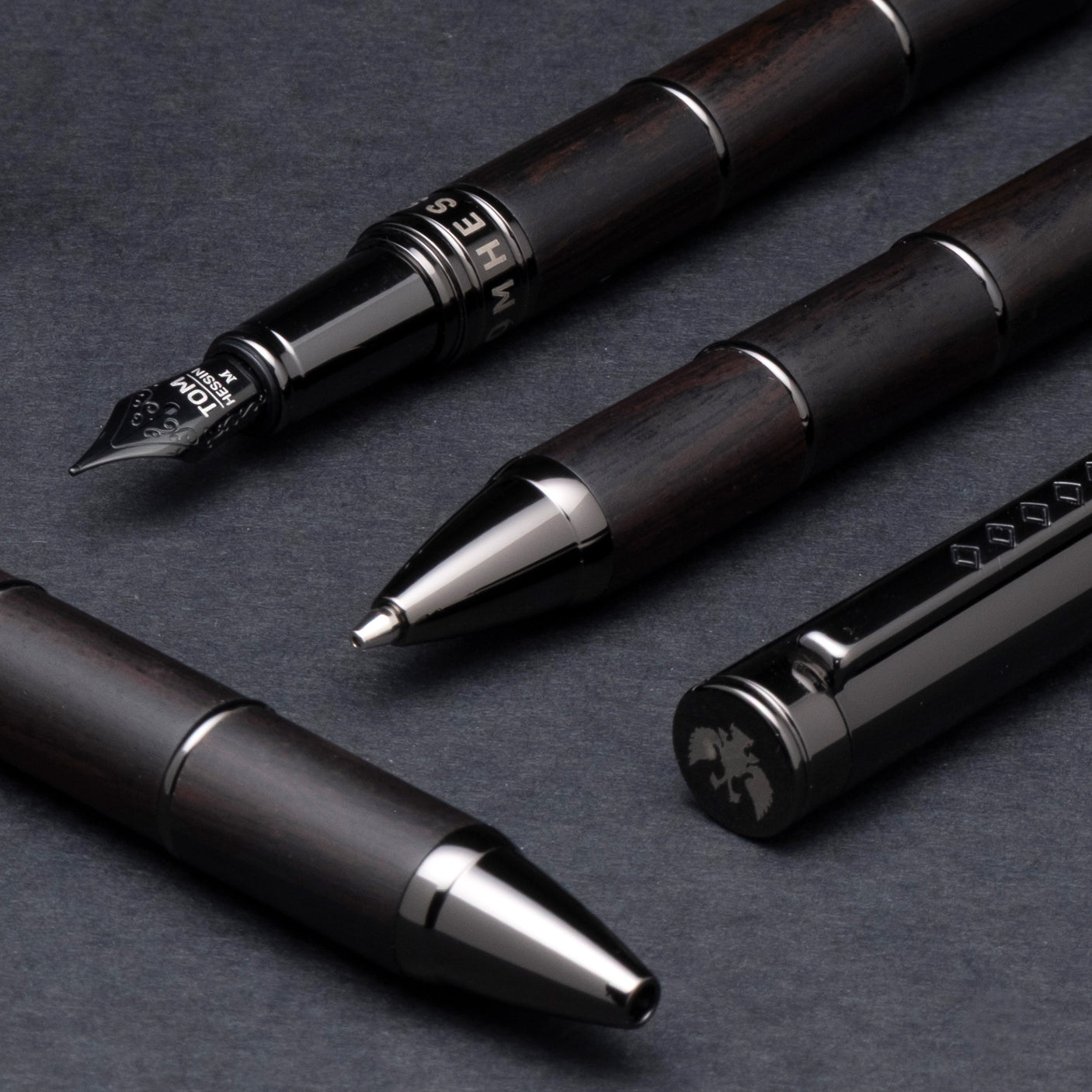 Tom Hessin Revolution Fountain Pen Charcoal Black Wood Barrel with Gunmetal Trim