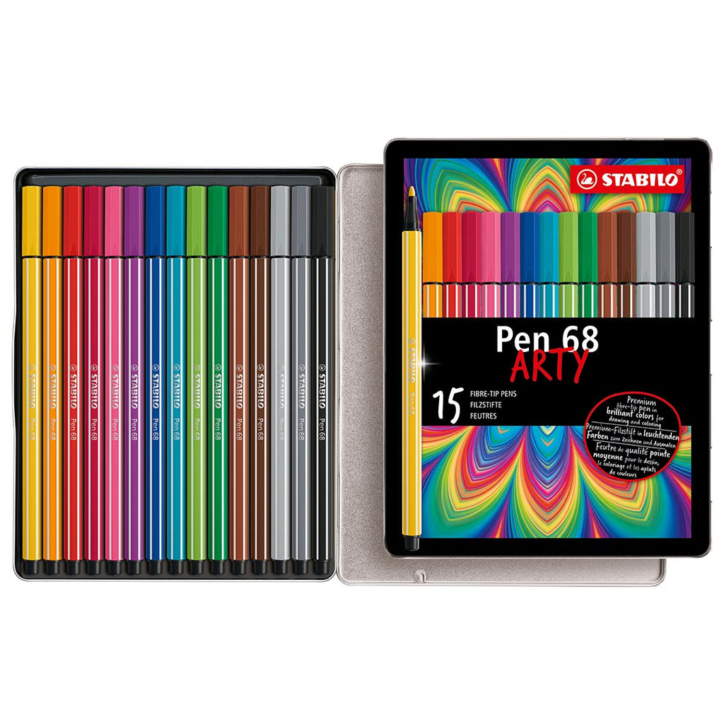 STABILO Pen 68 Metal Box Of 15 Assorted Colours Arty by Stabilo at Cult Pens