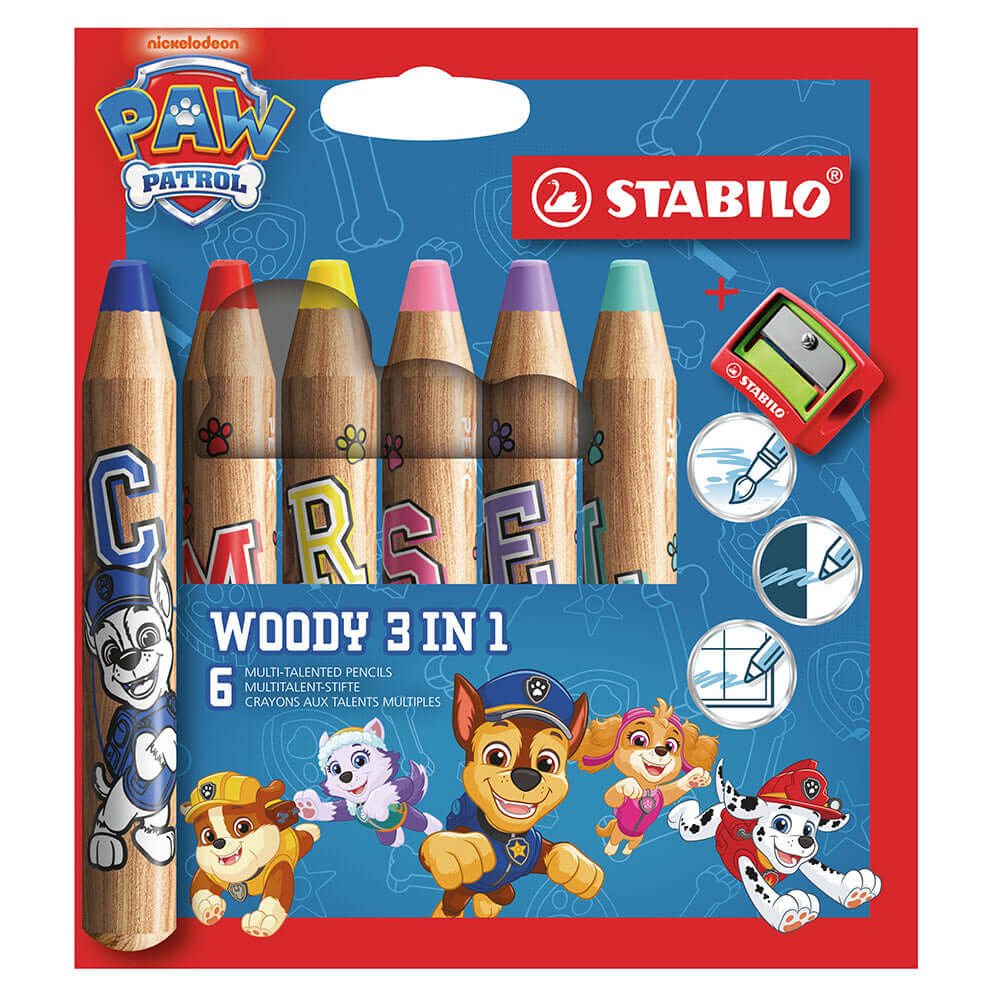 STABILO woody 3-in-1 PAW Patrol Set of 6 Assorted Colours with Sharpener