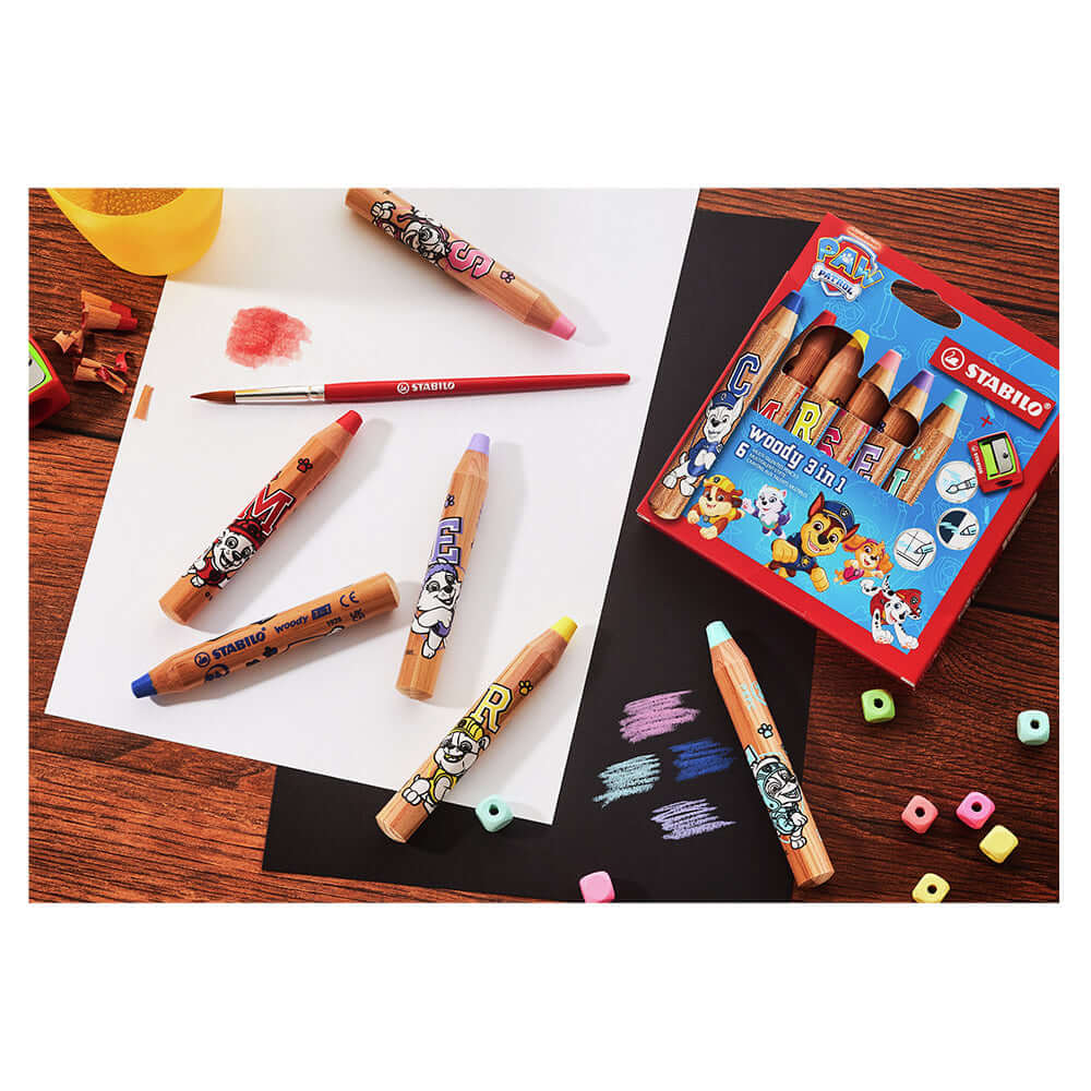 STABILO woody 3-in-1 PAW Patrol Set of 6 Assorted Colours with Sharpener