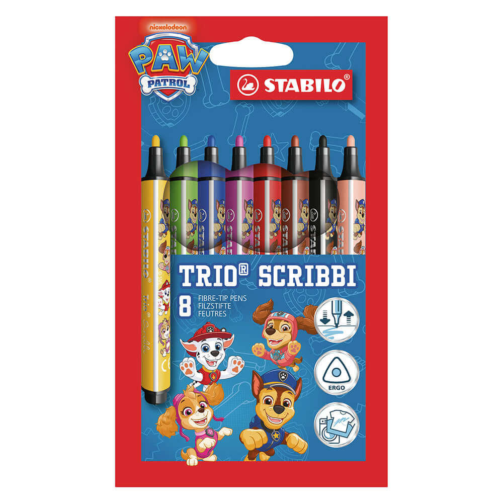 STABILO Trio Scribbi PAW Patrol Triangular Fibre Tip Pen Set of 8 Assorted Colours