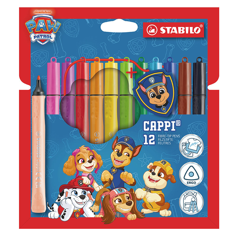 STABILO Cappi PAW Patrol Fibre-Tip Pen Set of 12 Assorted Colours with 1 Cap-Ring