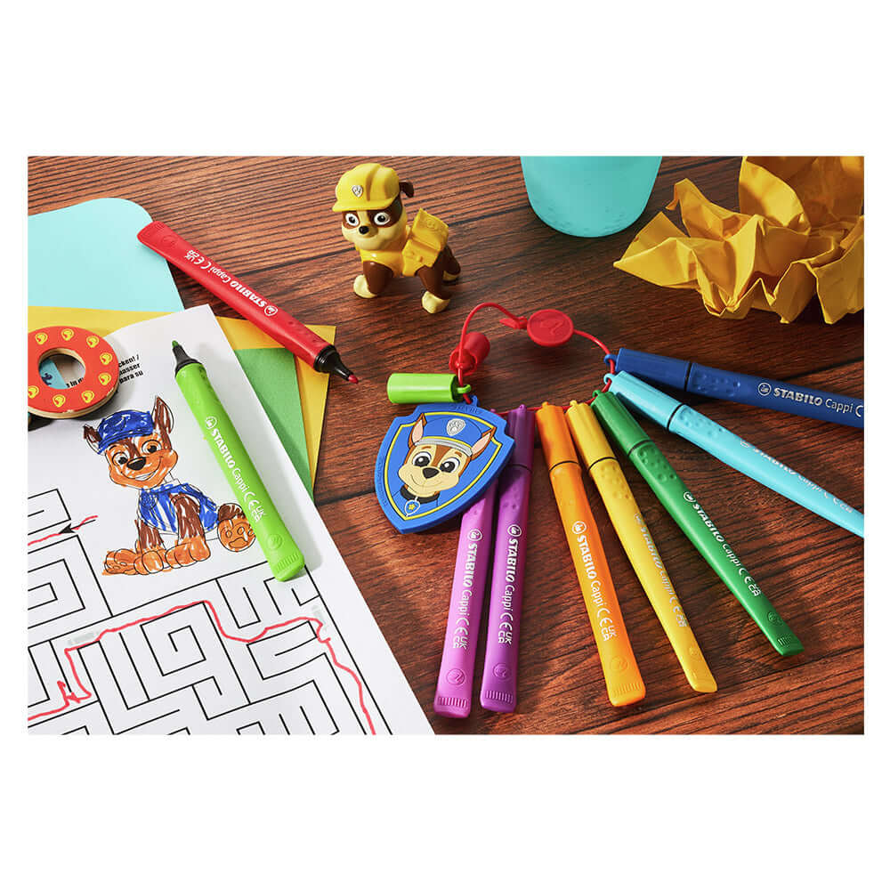 STABILO Cappi PAW Patrol Fibre-Tip Pen Set of 12 Assorted Colours with 1 Cap-Ring