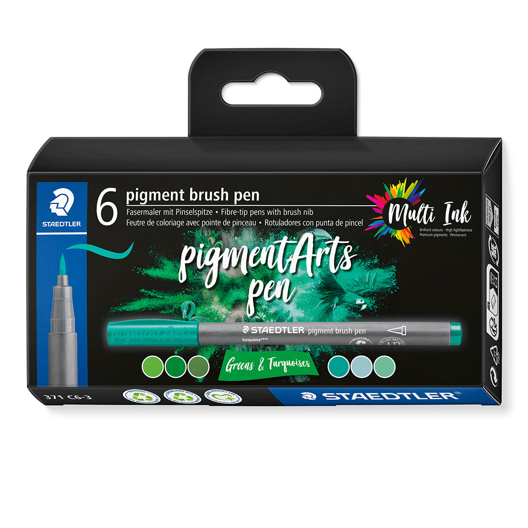 Staedtler Pigment Arts Brush Pen Set of 6 Greens & Turquoises
