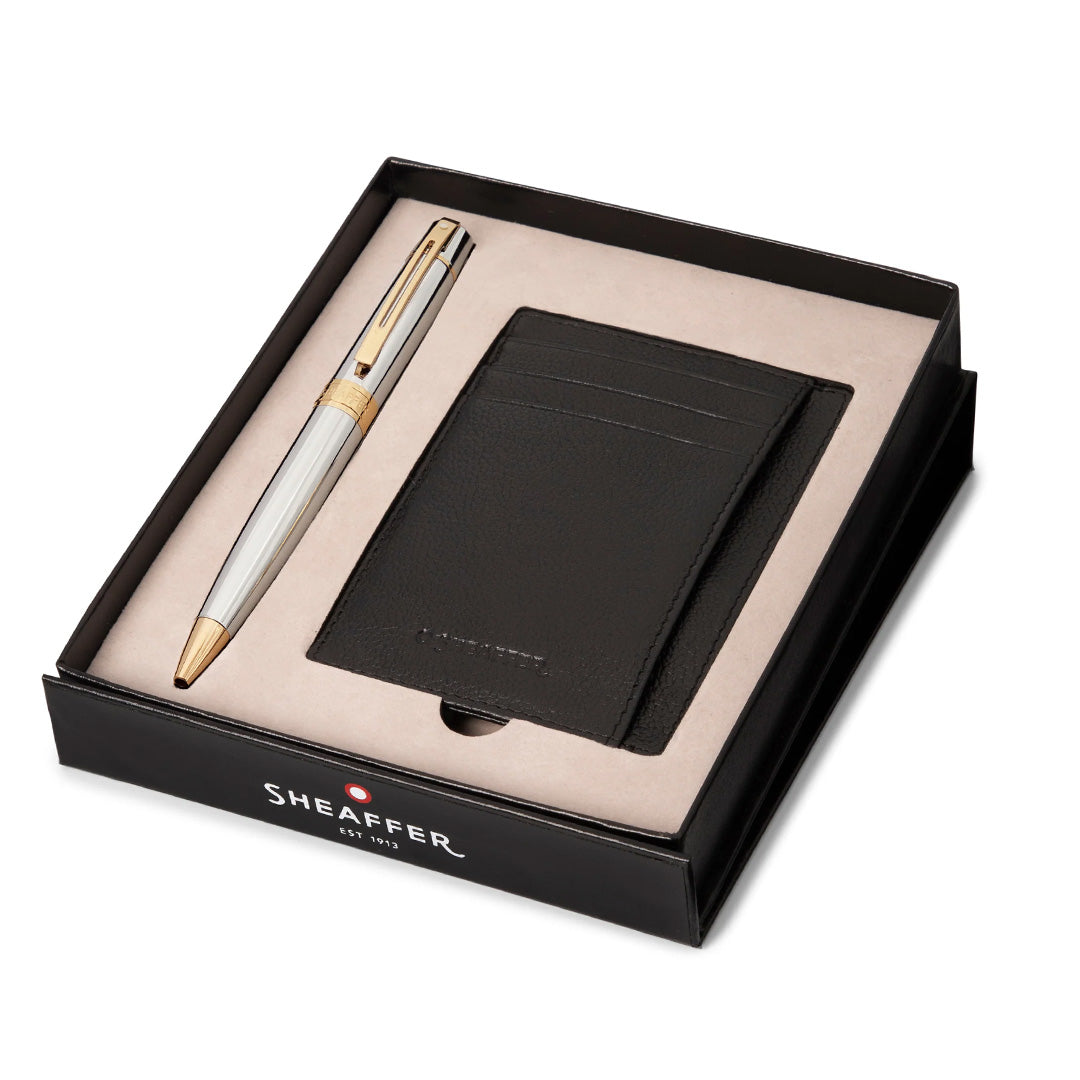 Sheaffer 300 G9342 Ballpoint Pen Bright Chrome With Gold Tone Trim With Credit Card Holder