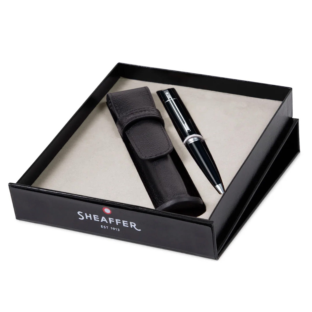 Sheaffer 300 G9312 Ballpoint Pen Gloss Black With Chrome Tone Trim Single Leather Pouch