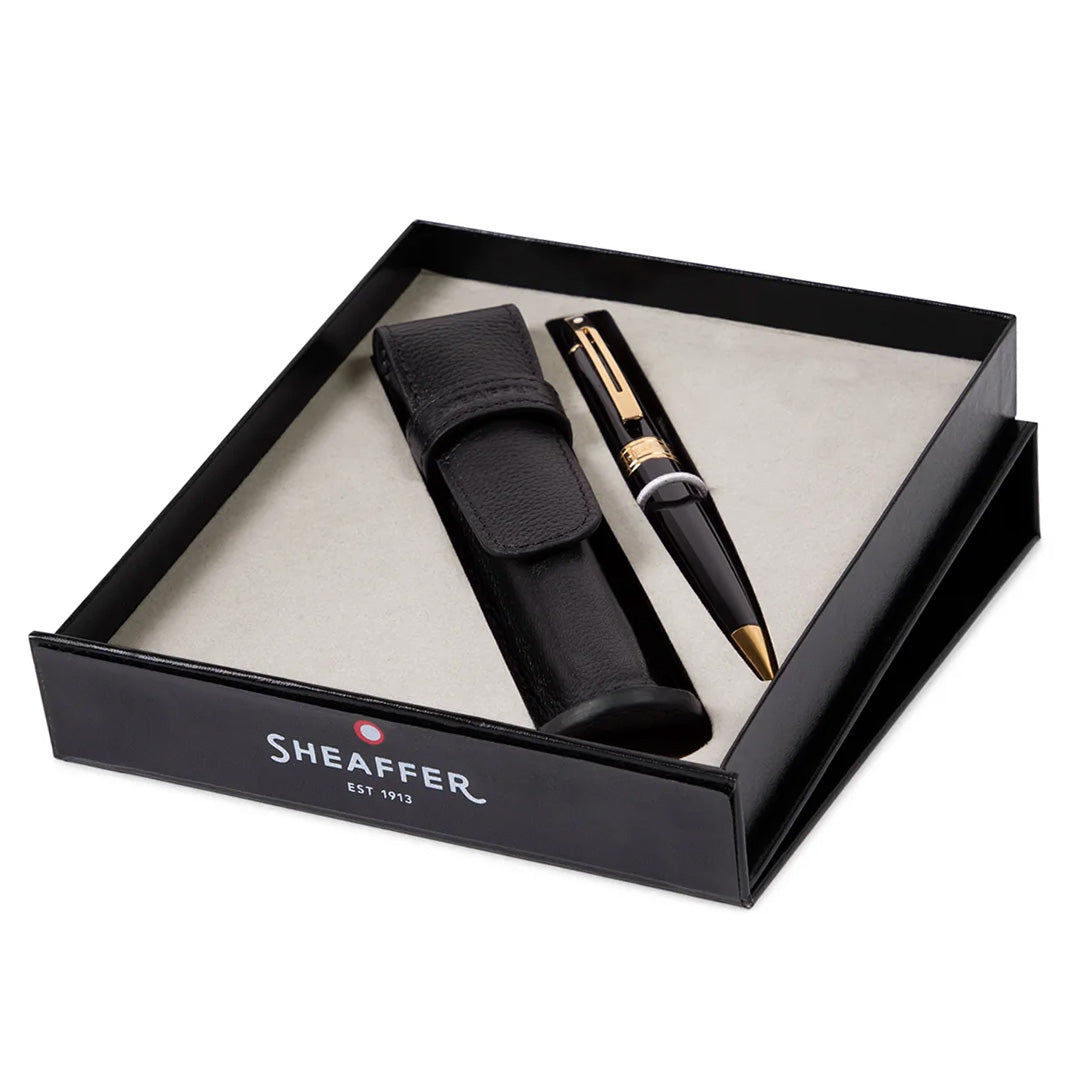 Sheaffer 300 G9325 Ballpoint Pen Gloss Black with Gold Tone Trim with Single Leather Pouch