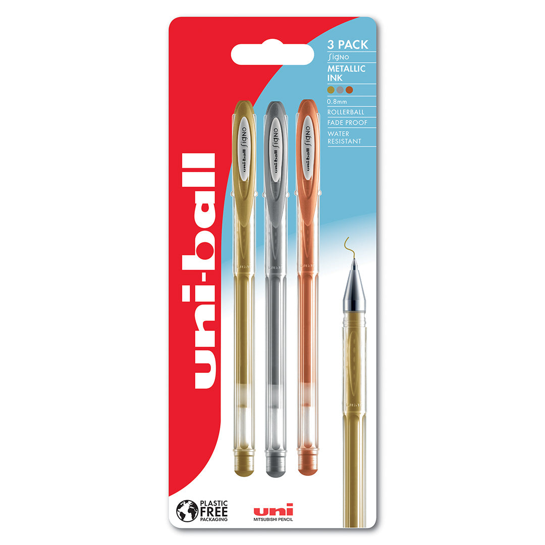 Uni-ball Um-120NM Signo Metallic Gel Rollerball Pen Set Gold Silver Bronze by Uni at Cult Pens