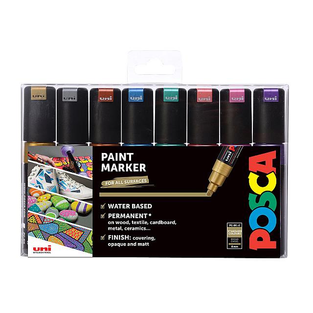 Uni POSCA Marker Pen PC-8K Broad Chisel Set of 8 Metallics