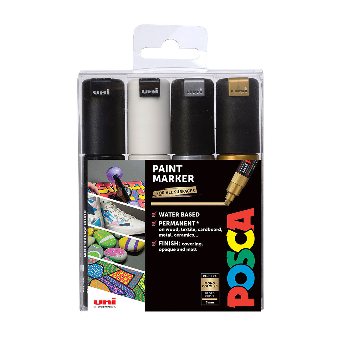 Uni POSCA Marker Pen PC-8K Broad Chisel Set of 4 Monotones