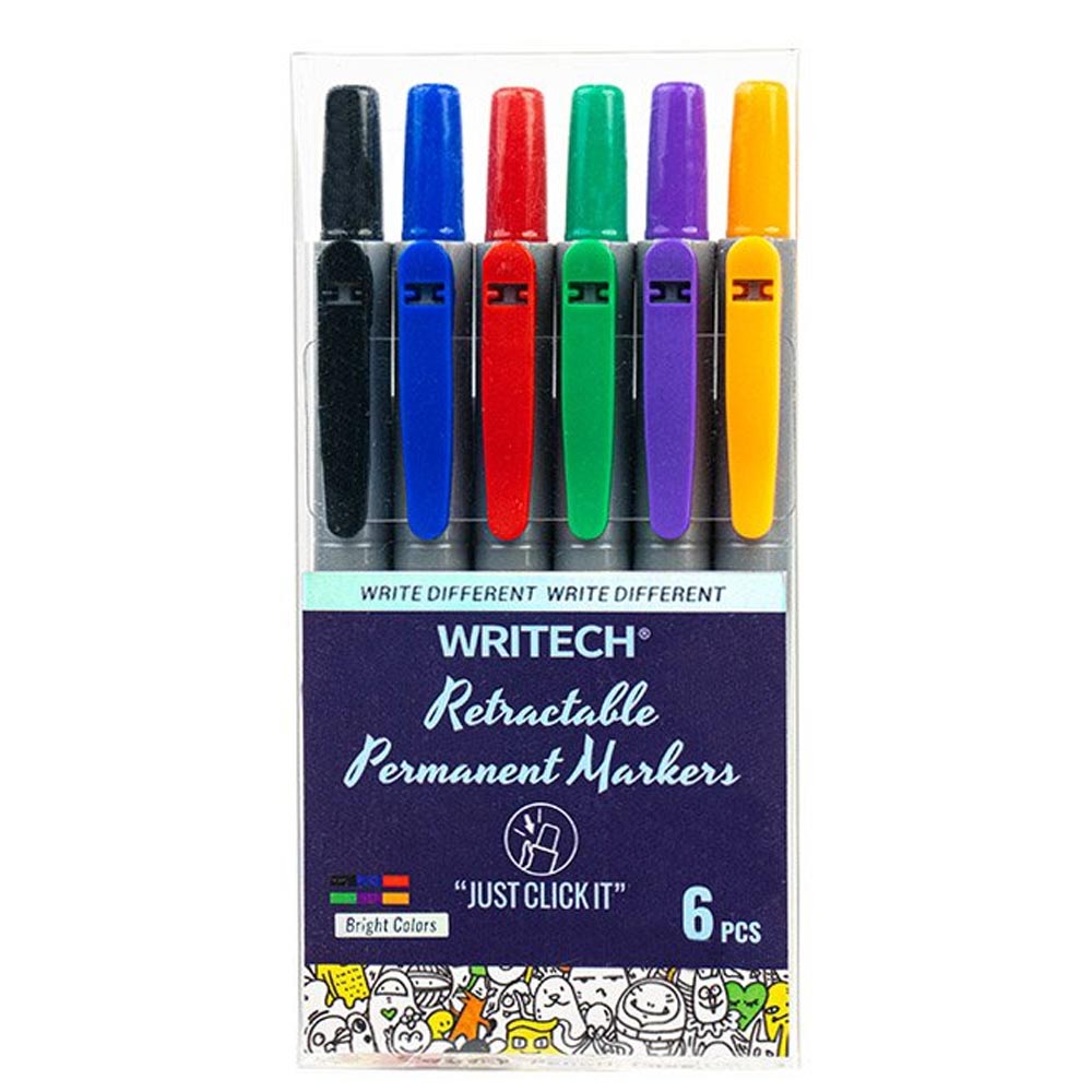 WRITECH Retractable Permanent Marker Pack of 6 Assorted Colours