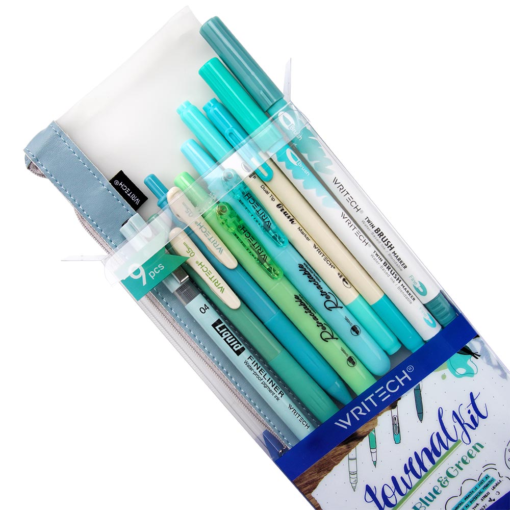 WRITECH 9 Piece Journal Kit with Pencil Case Blue and Green