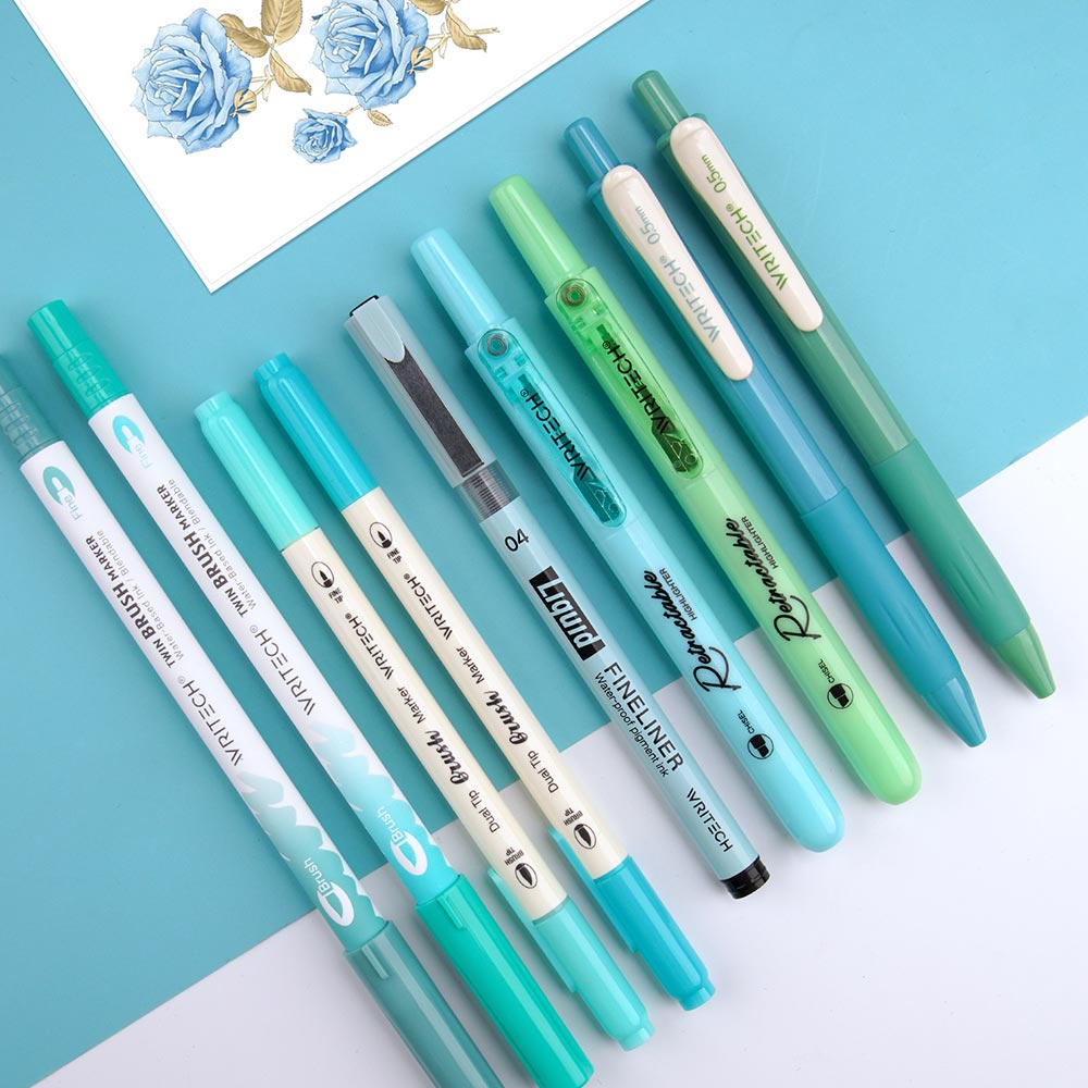 WRITECH 9 Piece Journal Kit with Pencil Case Blue and Green