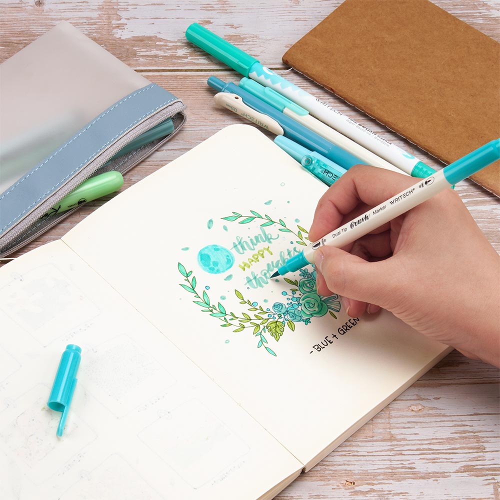 WRITECH 9 Piece Journal Kit with Pencil Case Blue and Green