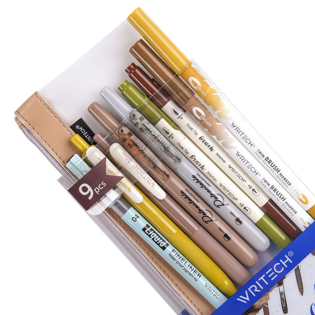 WRITECH 9 Piece Journal Kit with Pencil Case Earth Tones
