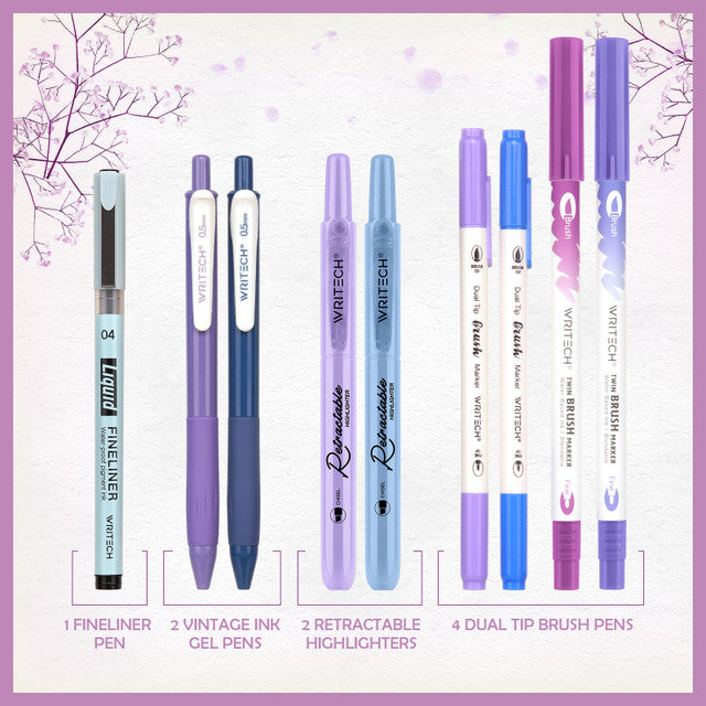 WRITECH 9 Piece Journal Kit with Pencil Case Purple and Blue