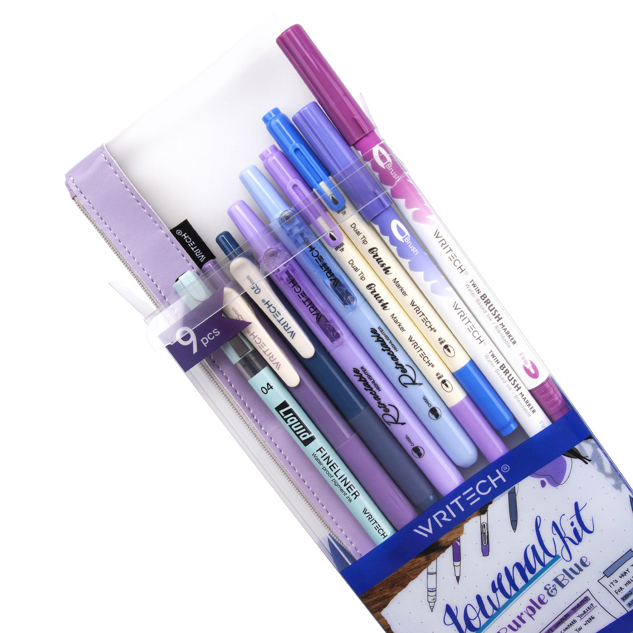 WRITECH 9 Piece Journal Kit with Pencil Case Purple and Blue