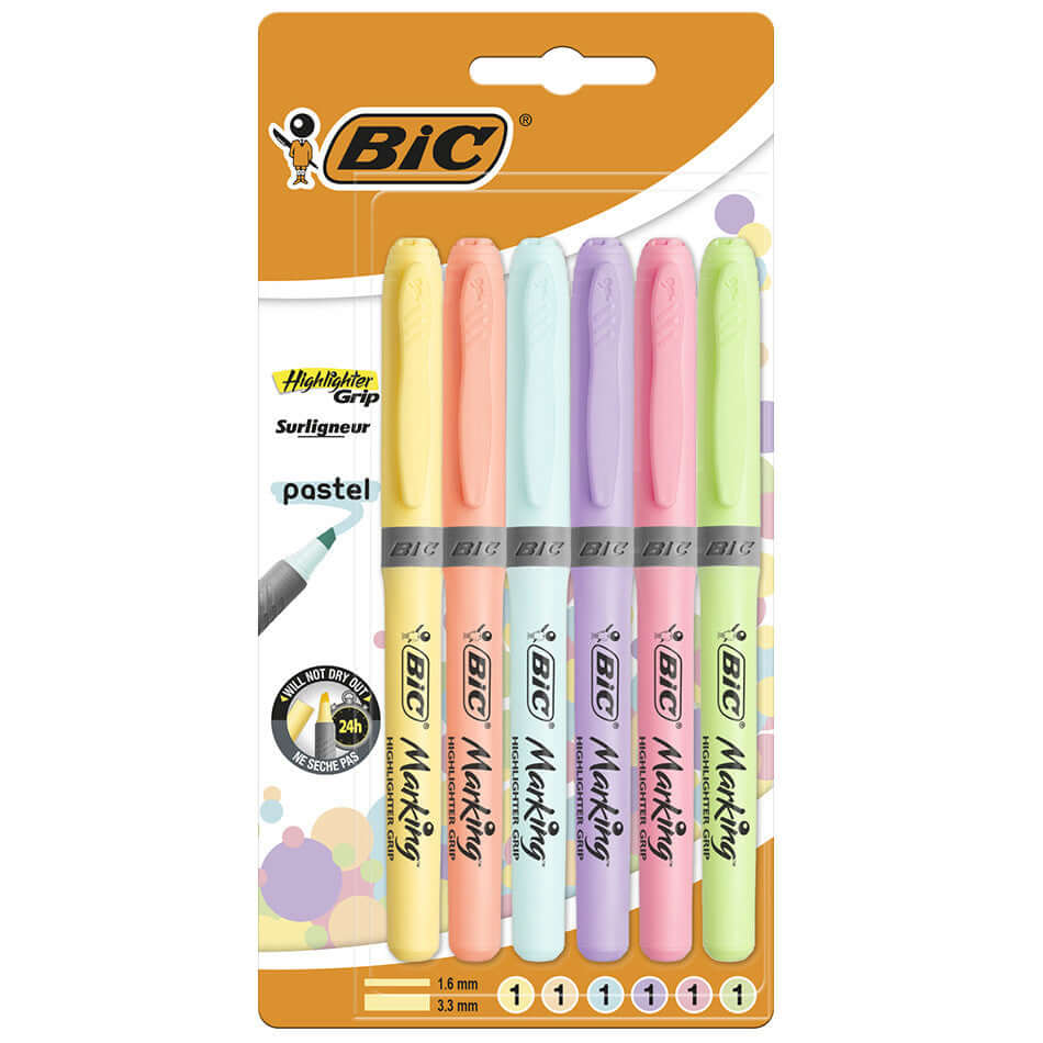 BIC Grip Highlighter Pastel Assorted Set of 6 by BIC at Cult Pens