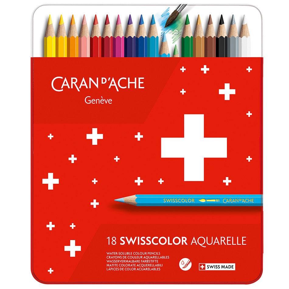 Caran d'Ache Swisscolor Water-Soluble Colouring Pencils Metal Box of 18 by Caran d'Ache at Cult Pens