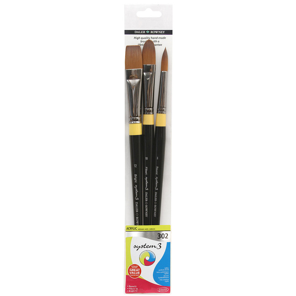 Daler-Rowney System3 Acrylic Long Handle Brush 302 Wallet of 3 by Daler-Rowney at Cult Pens