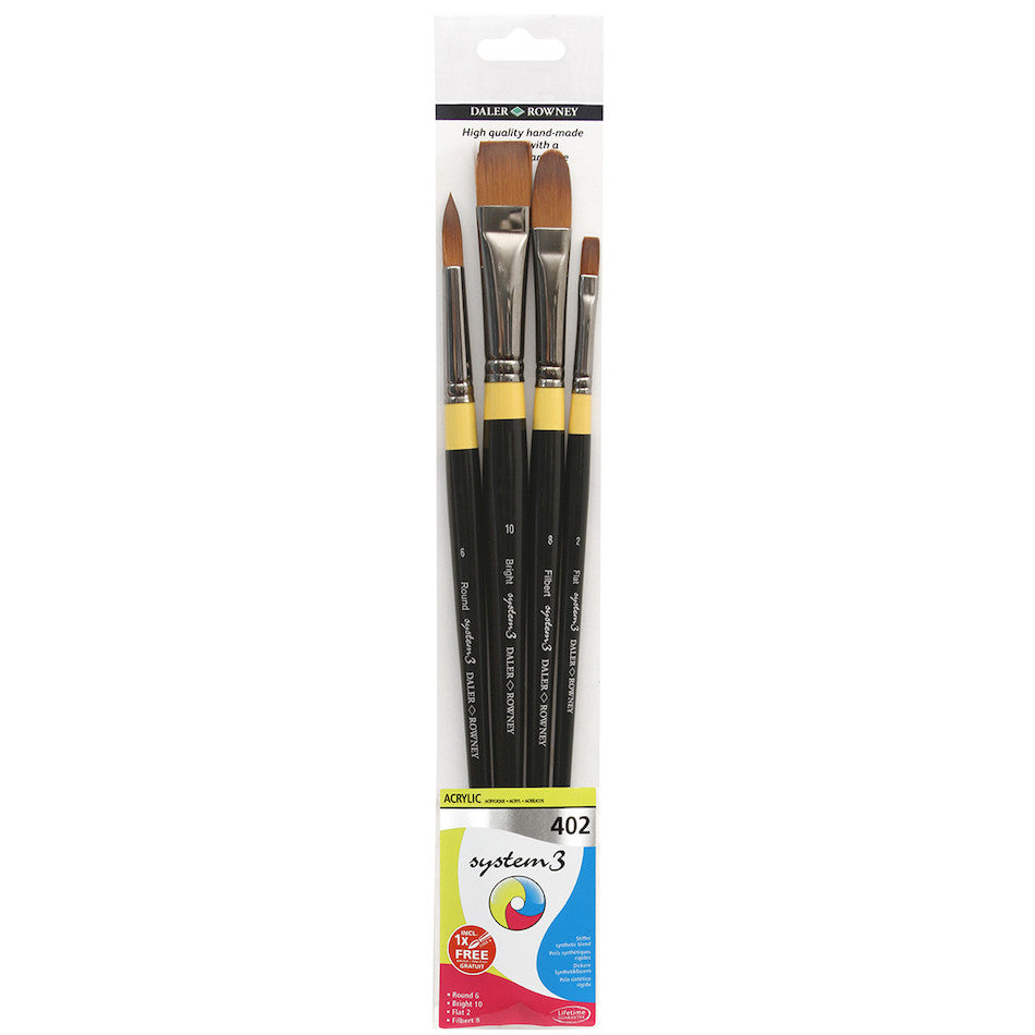 Daler-Rowney System3 Acrylic Long Handle Brush 402 Wallet of 4 by Daler-Rowney at Cult Pens