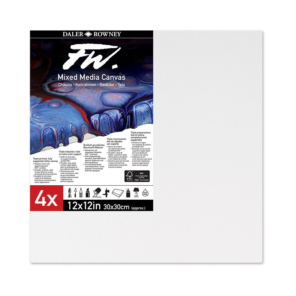 Daler-Rowney FW Mixed Media Canvas 12x12in Pack of 4 by Daler-Rowney at Cult Pens