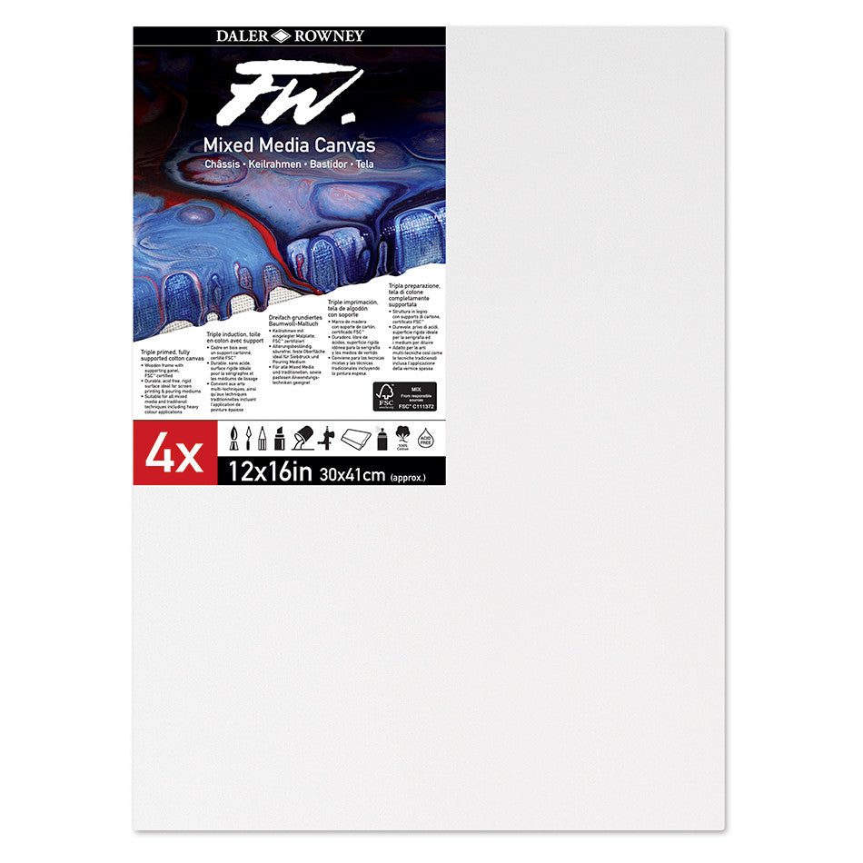 Daler-Rowney FW Mixed Media Canvas 12x16in Pack of 4 by Daler-Rowney at Cult Pens