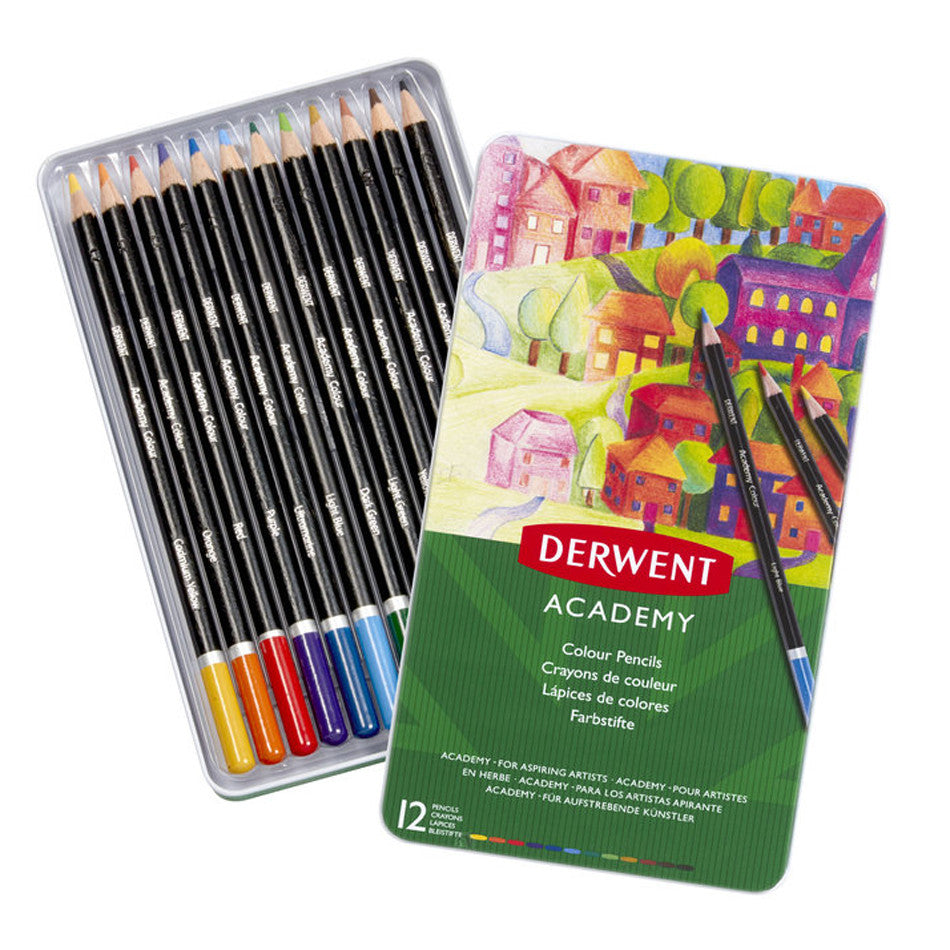 Derwent Academy Colouring Pencils Tin of 12 Assorted by Derwent at Cult Pens