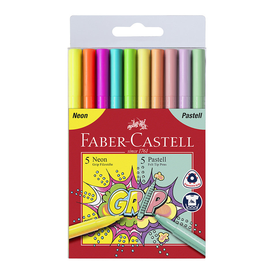 Faber-Castell Grip Colour Markers Assorted Set of 10 Neon & Pastel by Faber-Castell at Cult Pens