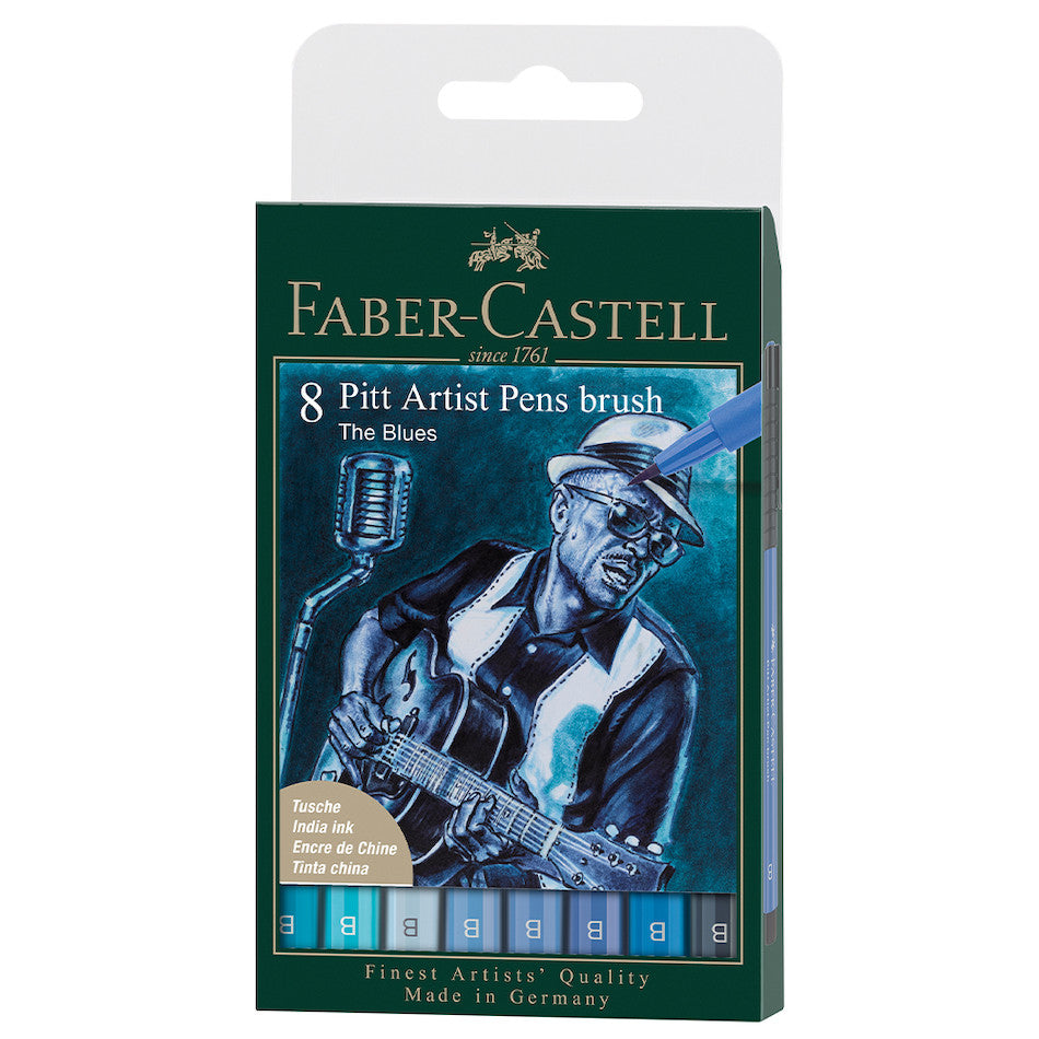 Faber-Castell Pitt Artist Pen Brush Wallet of 8 Blues by Faber-Castell at Cult Pens