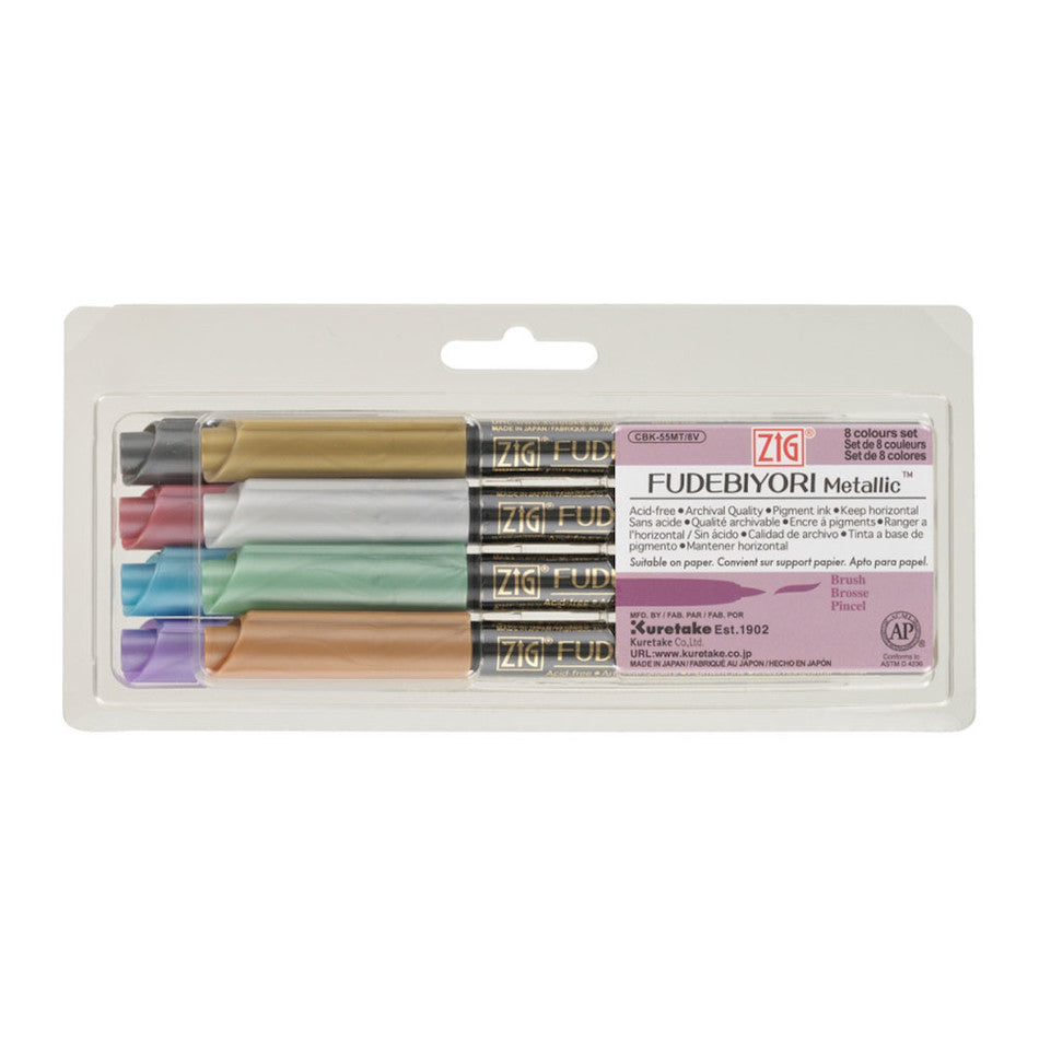 Kuretake Zig Fudebiyori Brush Pens Set of 8 Metallic by Kuretake at Cult Pens